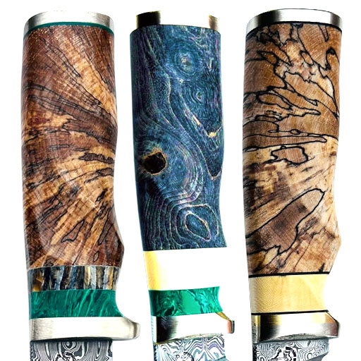Messergriffe aus gestocktem stabilisiertem Holz und blauem Maserholz