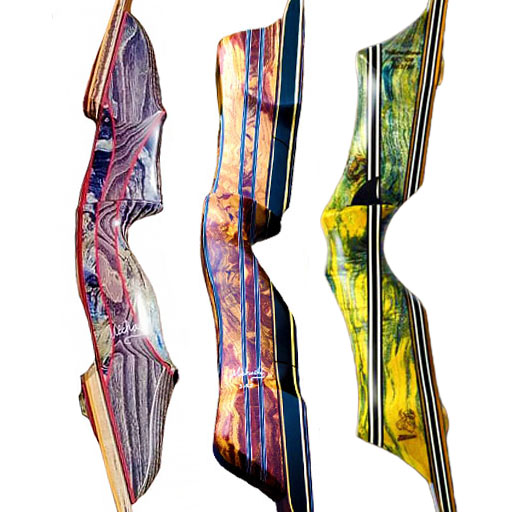 Recurve-Mittelstücke aus stabilisiertem Holz in Violett, Orange und Gelbgrün