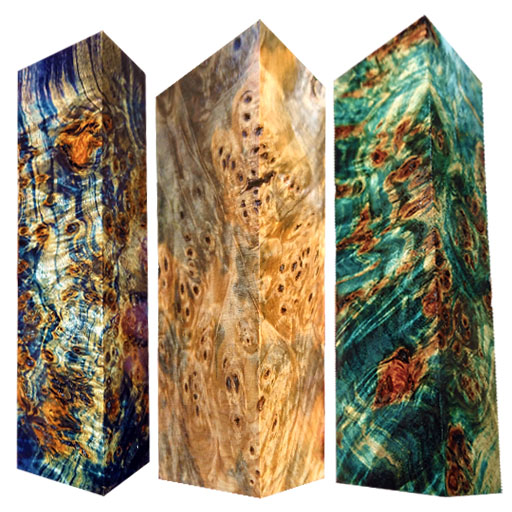 Drechselholz aus stabilisiertem Maserholz in Blau, Natur und Türkis Drechselholz aus stabilisiertem Maserholz in Blau, Natur und Türkis