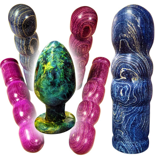 Gedrechselte Formen aus stabilisiertem Holz in Blau, Pink und Grün Gedrechselte Formen aus stabilisiertem Holz in Blau, Pink und Grün