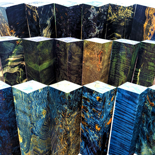 Drechselholz-Blöcke aus stabilisiertem Maserholz in Blau, Grün und Gold Drechselholz-Blöcke aus stabilisiertem Maserholz in Blau, Grün und Gold
