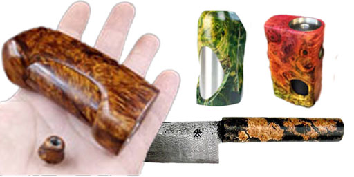 Pistol grip, e-cigarette mod housings and knife handle made of stabilized burl wood