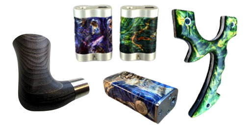 Pipe, e-cigarette mod housings and slingshot made of stabilized wood