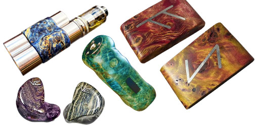 E-cigarettes, in-ear monitors and cases made of stabilized burl wood
