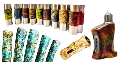 E-cigarette mod housings and handles made of stabilized burl wood in many colors