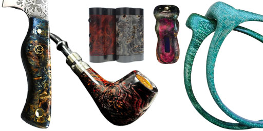Knife handle, tobacco pipe, e-cigarette mod housings and bangles made of stabilized burl wood