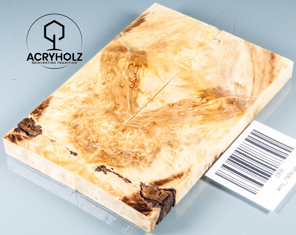 Eschenahorn Maser Griffschalen stabilisiert | 120x40x10| ACRYHOLZ| Messerbau 1909